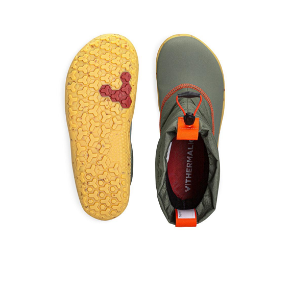 The VIVOBAREFOOT Lumi T (Toddler) features green, slip-on uppers made from recycled PET bottles, orange pull tabs, elastic closures, and yellow textured soles with a red logo—shown from both above and below.