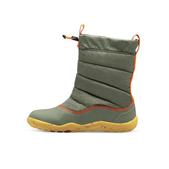 The VIVOBAREFOOT Lumi T (Toddler) is a green vegan winter snow boot with orange trim, a yellow textured sole, quilted upper, heel pull tab, top drawstring closure, and thermal inserts for warmth.