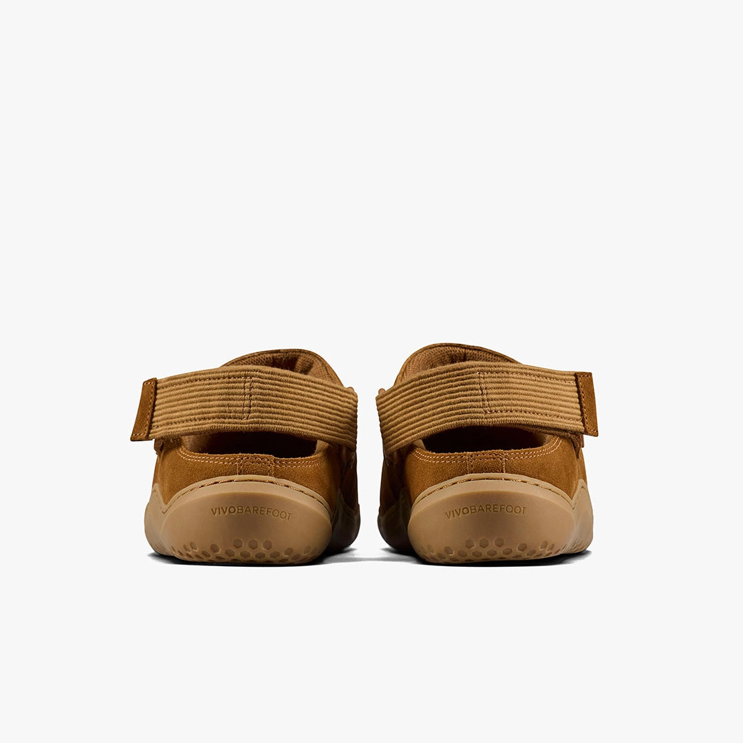 A pair of brown Gobi Wavey Mule barefoot shoes for men, viewed from the back, with Velcro straps, textured soles, an adjustable back strap for a secure fit, and the VIVOBAREFOOT brand name visible on the heels.