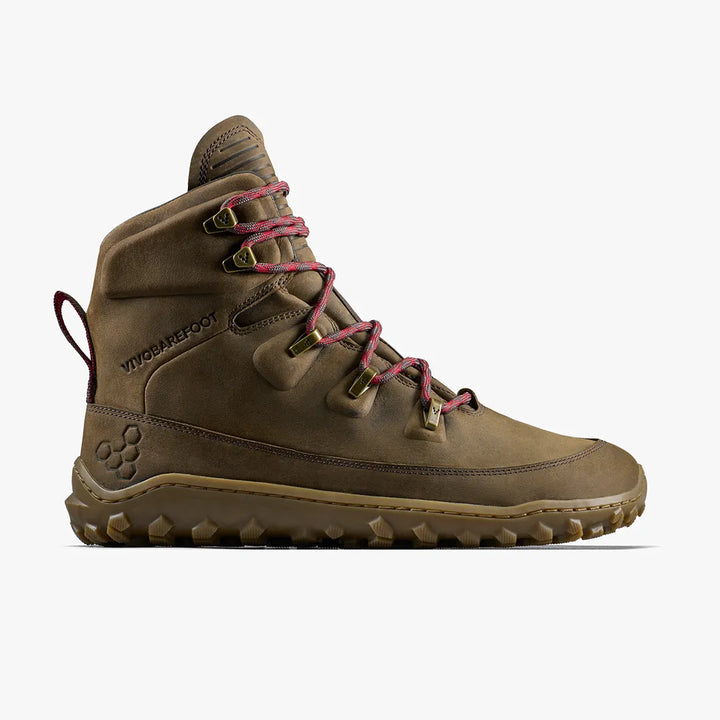 The VIVOBAREFOOT Tracker Leather AT II (Men's) is a brown, water-resistant barefoot hiking boot with rugged tread, red and tan laces, metal eyelets, a back loop, and the VIVOBAREFOOT logo embossed on the side.