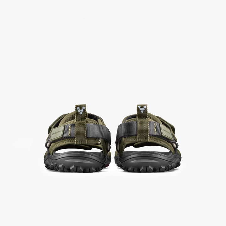 The VIVOBAREFOOT Tracker Ora Sandal (Women's) in olive green and black is shown from the back, highlighting its adjustable straps, neoprene upper, rugged soles, and heel loops against a plain white background.