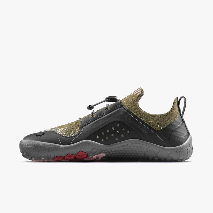 VIVOBAREFOOT Primus Trail Knit FG Grounding (Men’s) olive green and black barefoot trail shoes with a firm ground sole.