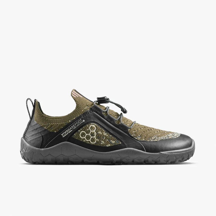 Olive green low-top VIVOBAREFOOT Primus Trail Knit FG Grounding (Men’s) barefoot trail shoes featuring a toggle lace system and a firm ground sole.
