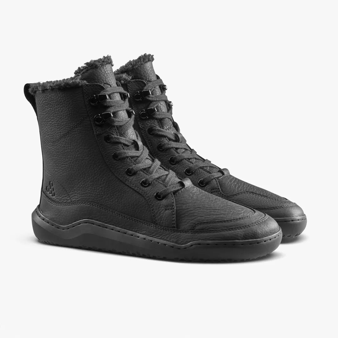Black VIVOBAREFOOT Gobi Boot II Warmlined (Men’s) lace-up ankle boots with a warm fleece lining and thermal insole.