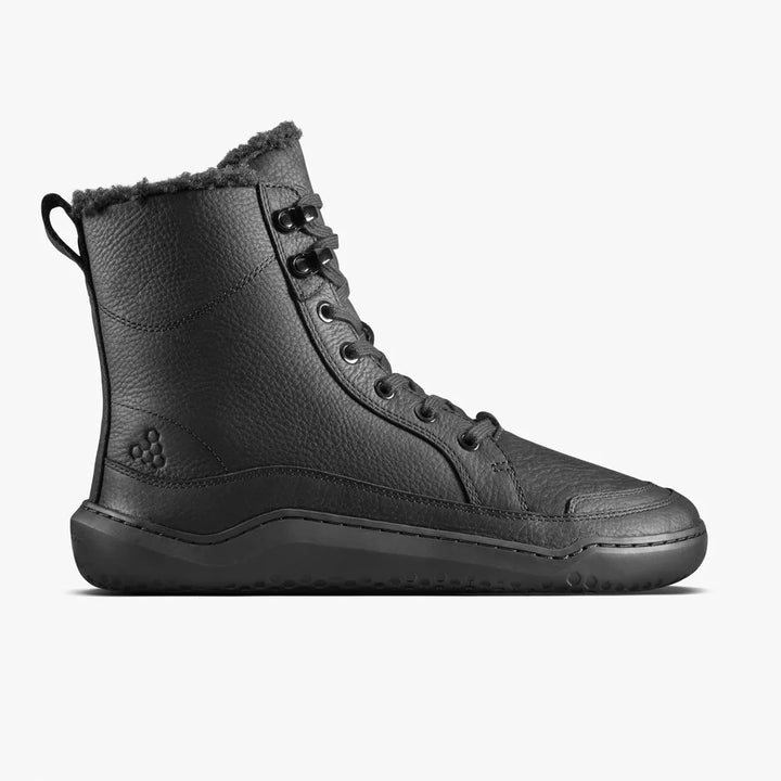Black VIVOBAREFOOT Gobi Boot II Warmlined leather ankle boots with lace-up styling, a faux-fur lining, and a flat, flexible rubber sole.