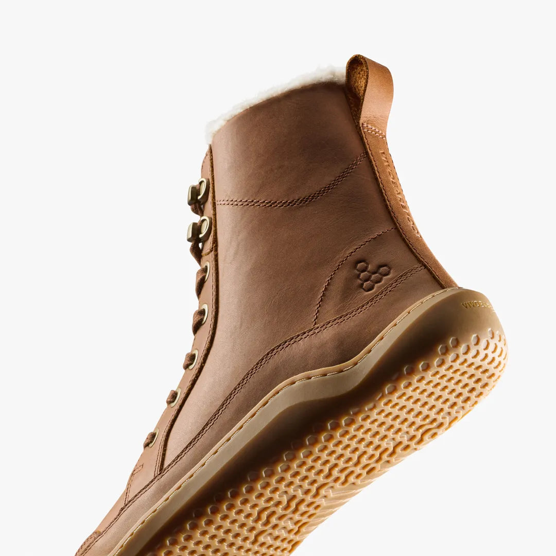 Vivobarefoot Gobi Boot II Warmlined (Men’s) brown leather lace-up winter boots with a white faux-fur lining, thermal insole, and a textured rubber sole.
