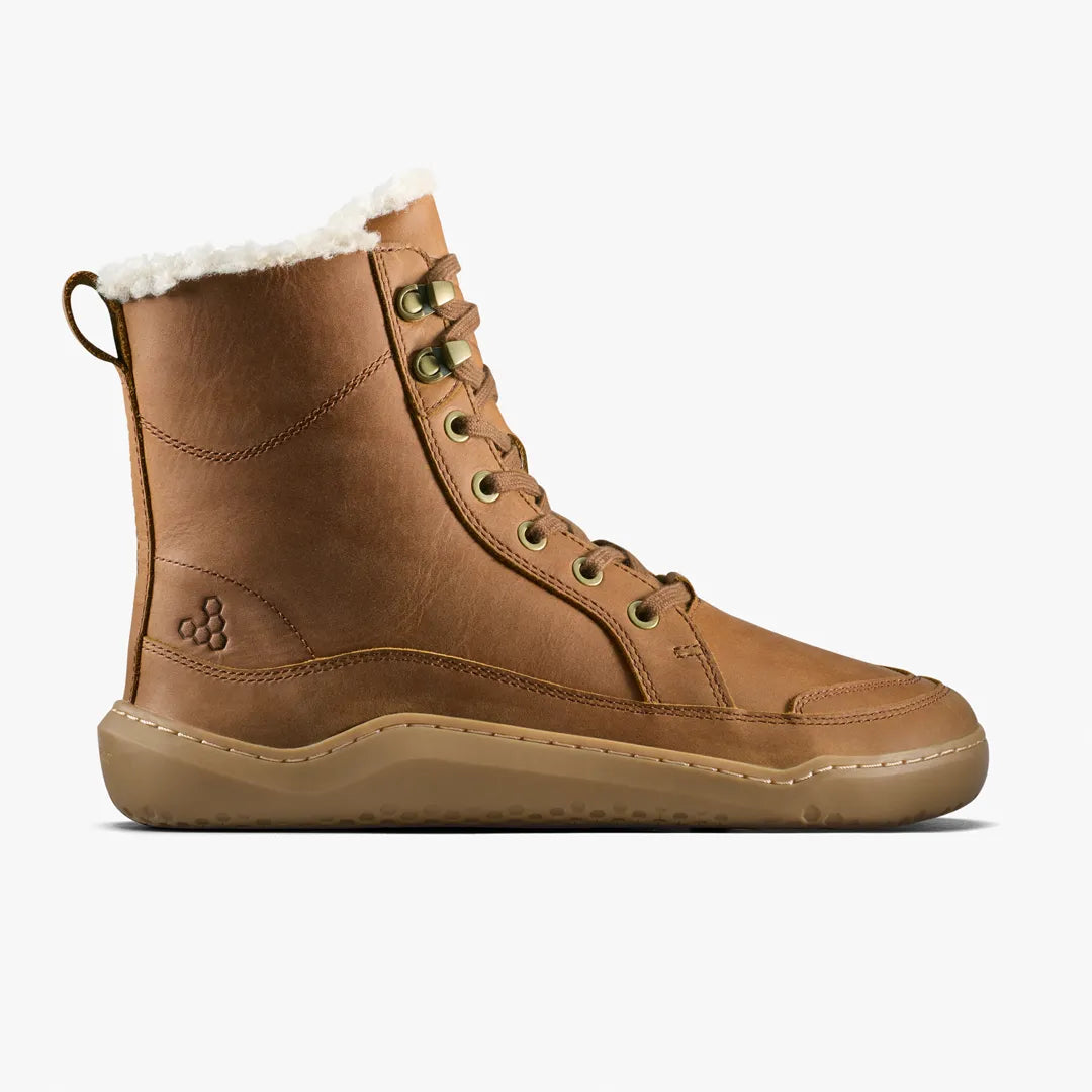 Vivobarefoot Gobi Boot II Warmlined (Women) tan wild hide leather lace-up ankle boot with a faux-shearling lining and a flat, flexible rubber sole.