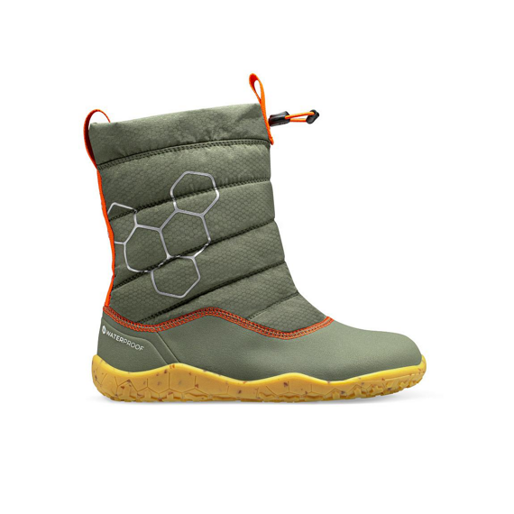 The VIVOBAREFOOT Lumi T (Toddler) snow boots feature an olive green, quilted, ankle-high design with a yellow textured sole, orange trim, hexagon side pattern, and drawstring closure. Made from recycled PET bottles for eco-friendly style.