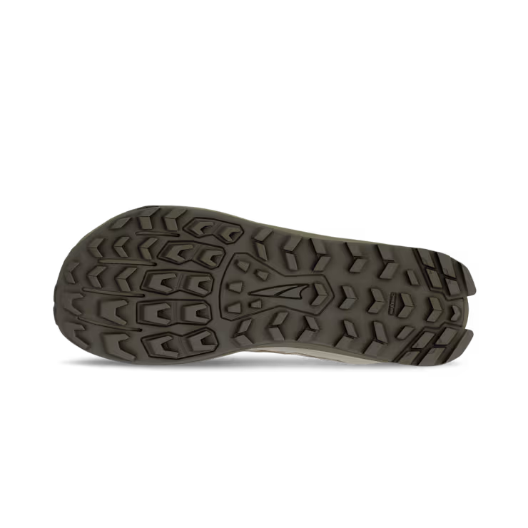 The image shows the sole of the ALTRA Lone Peak 9 Wide (Men's) trail running shoe, with a rugged, textured tread pattern for traction and deep grooves and angular lugs in a dark color.