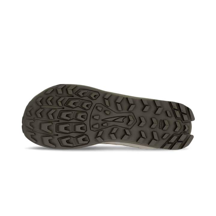 The image shows the sole of the ALTRA Lone Peak 9 Wide (Men's) trail running shoe, with a rugged, textured tread pattern for traction and deep grooves and angular lugs in a dark color.
