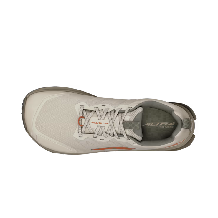 Top view of the ALTRA Lone Peak 9 Wide men's shoe in light gray with an orange accent, gray laces, ALTRA logo on the insole, and a roomy toe box for comfort.