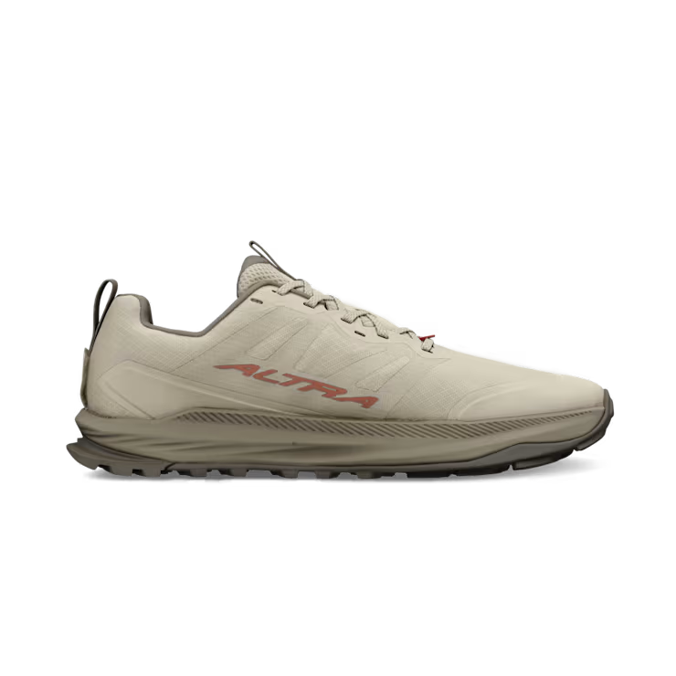 The ALTRA Lone Peak 9 Wide (Men's) is a beige trail running shoe with a thick, textured sole, low-cut design, red ALTRA logo on the side, zero drop, and a roomy toe box, shown on a white background.