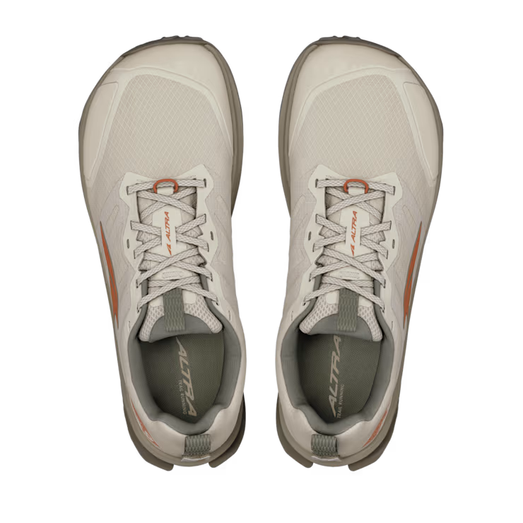Top view of ALTRA Lone Peak 9 Wide (Men's) in light grey with orange accents, white laces, gray inner soles, and a roomy toe box, displayed side by side on a plain white background.