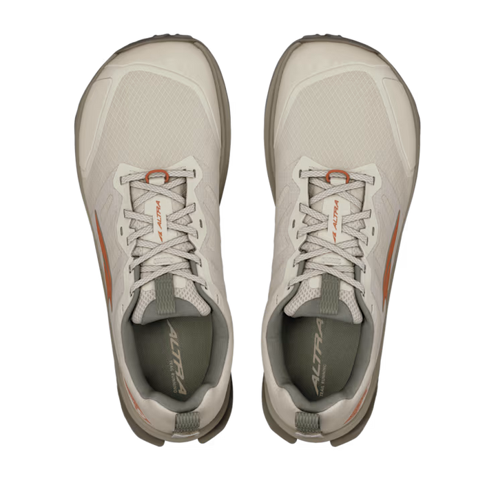 Top view of ALTRA Lone Peak 9 Wide (Men's) in light grey with orange accents, white laces, gray inner soles, and a roomy toe box, displayed side by side on a plain white background.