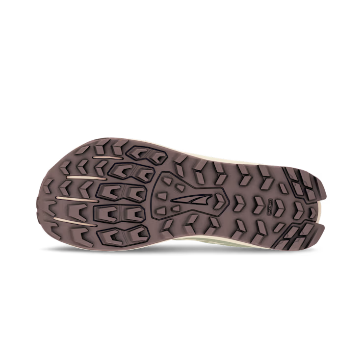 The image shows the bottom view of the ALTRA Lone Peak 9 Wide (Women's) trail running shoe, featuring a rugged brown rubber sole with lighter accents, deep grooves, and multidirectional treads for enhanced grip and traction.
