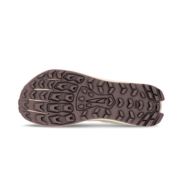The image shows the bottom view of the ALTRA Lone Peak 9 Wide (Women's) trail running shoe, featuring a rugged brown rubber sole with lighter accents, deep grooves, and multidirectional treads for enhanced grip and traction.