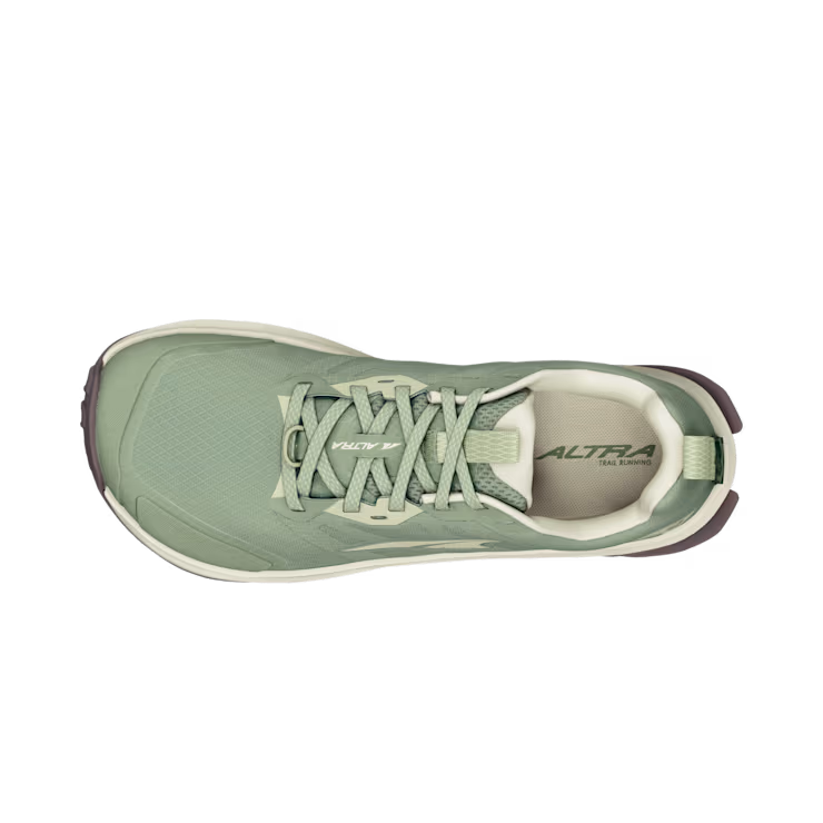 Top view of the ALTRA Lone Peak 9 Wide (Women's) trail running shoe in light green with white details, gray outsole, wide toe box, lace-up closure, zero drop design, pull tab at heel, and ALTRA branding.