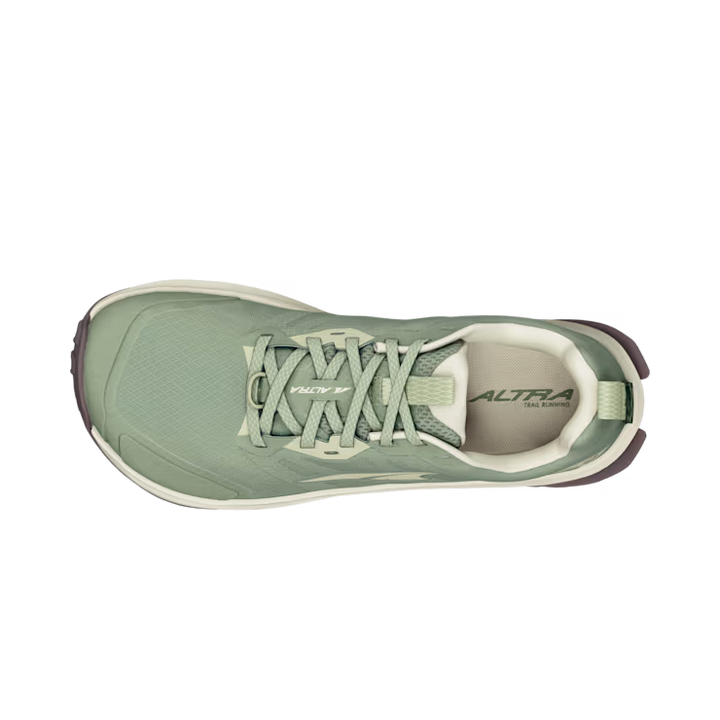 Top view of the ALTRA Lone Peak 9 Wide (Women's) trail running shoe in light green with white details, gray outsole, wide toe box, lace-up closure, zero drop design, pull tab at heel, and ALTRA branding.