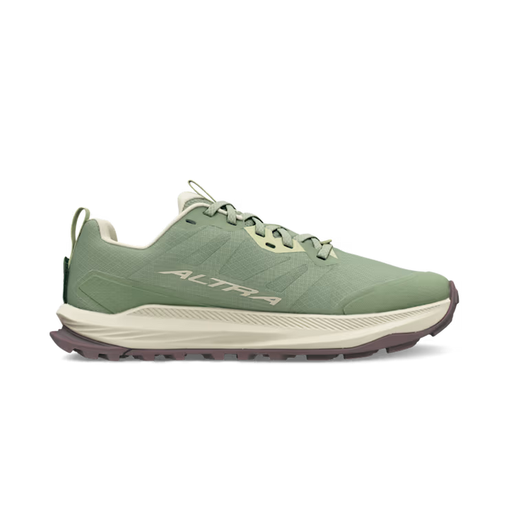 The ALTRA Lone Peak 9 Wide (Women's) is a sage green trail running shoe with cream accents, wide toe box, lace-up design, and brown rugged sole, displayed in side profile against a white background.