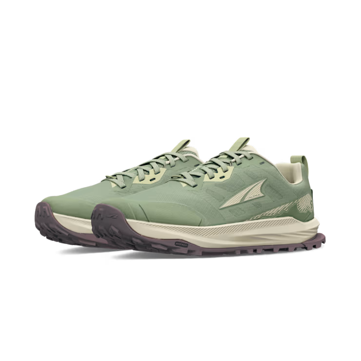 A pair of ALTRA Lone Peak 9 Wide (Women's) trail running shoes in green and cream, with a dark rugged sole, lace-up fronts, side logo, and wide toe box for comfort, shown side by side angled slightly left.