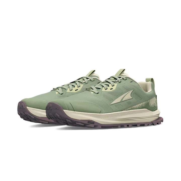 A pair of ALTRA Lone Peak 9 Wide (Women's) trail running shoes in green and cream, with a dark rugged sole, lace-up fronts, side logo, and wide toe box for comfort, shown side by side angled slightly left.