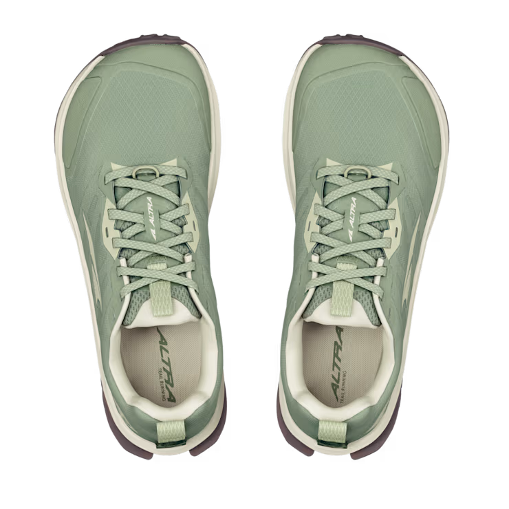A pair of women's ALTRA Lone Peak 9 Wide trail running shoes in sage green, shown from above with wide toe box, mesh fabric, white soles, light green laces, and ALTRA branding on the tongue and insole.