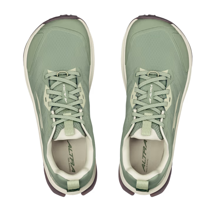 A pair of women's ALTRA Lone Peak 9 Wide trail running shoes in sage green, shown from above with wide toe box, mesh fabric, white soles, light green laces, and ALTRA branding on the tongue and insole.