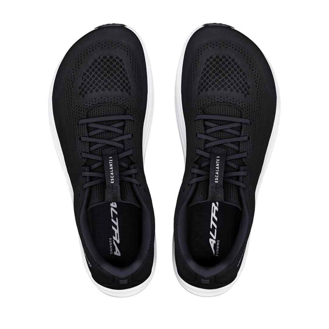 Top view of a pair of men’s ALTRA Escalante 5 shoes in black, featuring white soles, mesh fabric across the toe area, and gray laces. Designed with the signature FootShape Fit, the insoles display the ALTRA brand name.