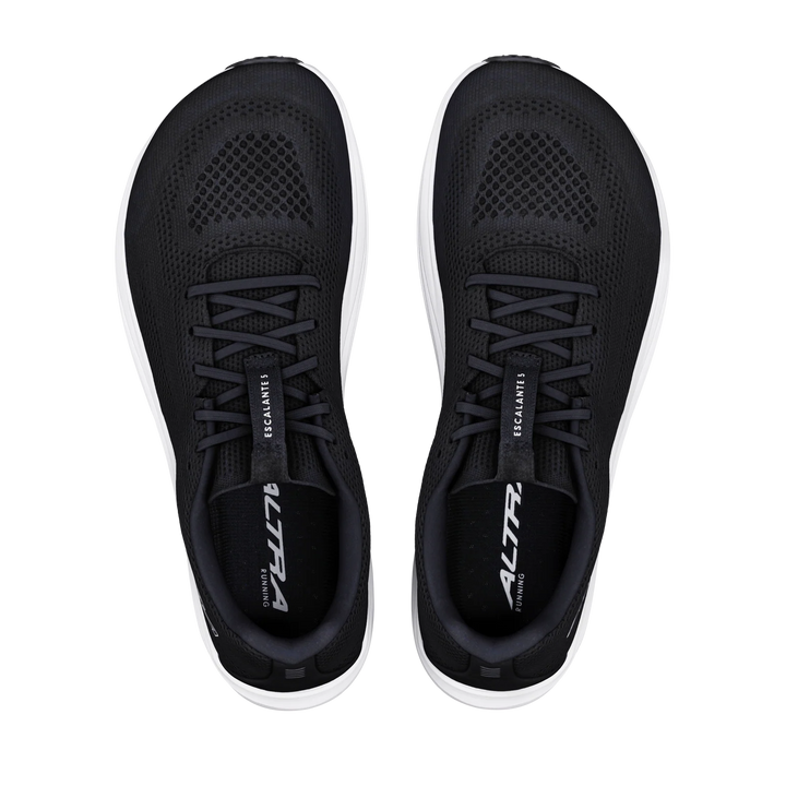 Top view of a pair of men’s ALTRA Escalante 5 shoes in black, featuring white soles, mesh fabric across the toe area, and gray laces. Designed with the signature FootShape Fit, the insoles display the ALTRA brand name.