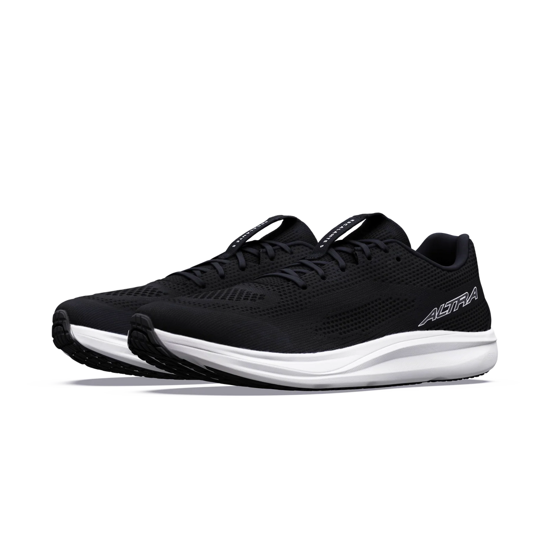 A pair of men’s ALTRA Escalante 5 black running shoes with white soles, showcasing the ALTRA logo on the side and featuring the signature FootShape Fit, displayed on a plain white background.