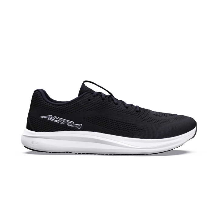 A black ALTRA Escalante 5 men’s running shoe with a white sole is shown in profile against a plain light background. It features breathable mesh material, the ALTRA logo on the side, and is designed with a FootShape Fit and zero drop for natural comfort and performance.