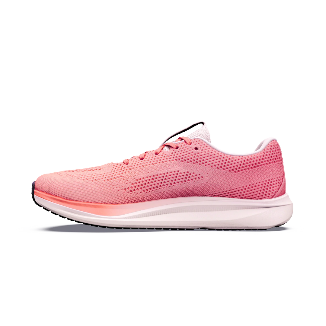 A women’s ALTRA Escalante 5 athletic running shoe in pink with dark pink accents, highlighted by a white Altra EGO midsole and FootShape Fit design, displayed in left side profile view on a plain white background.