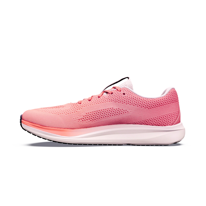 A women’s ALTRA Escalante 5 athletic running shoe in pink with dark pink accents, highlighted by a white Altra EGO midsole and FootShape Fit design, displayed in left side profile view on a plain white background.