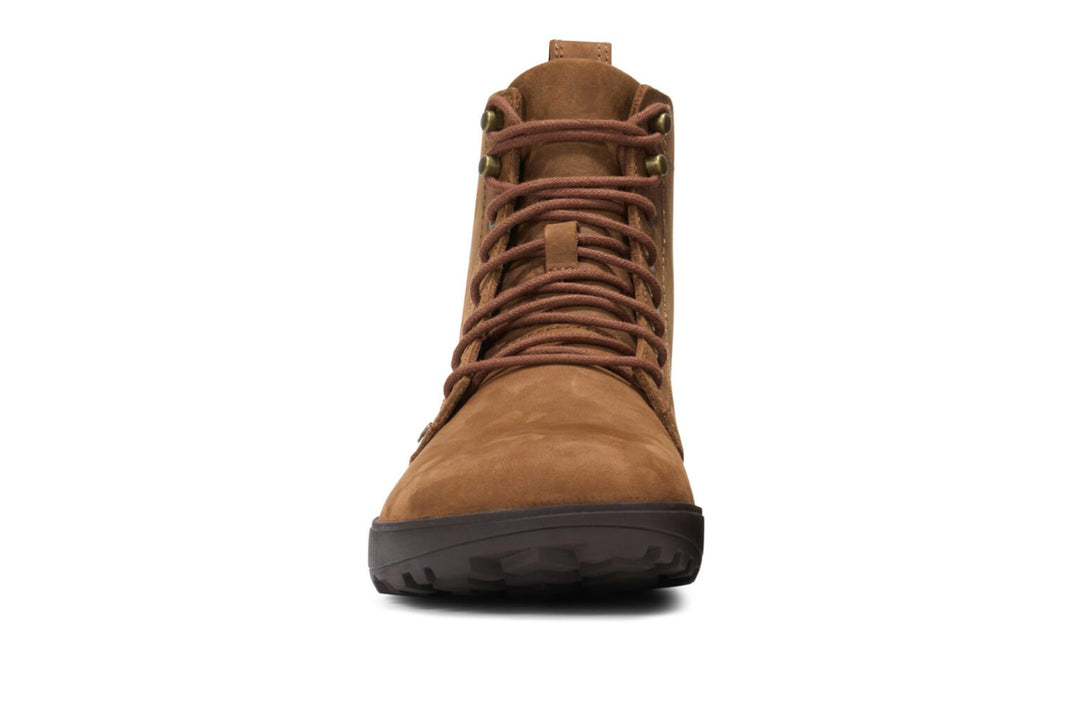 Front view of a single Breckenridge (Women's) brown suede boot with brown laces, rugged sole, and metal eyelets, isolated on a white background.