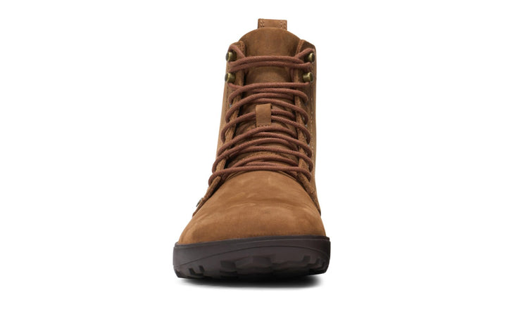 Front view of a single Breckenridge (Women's) brown suede boot with brown laces, rugged sole, and metal eyelets, isolated on a white background.