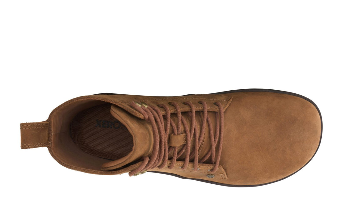 Top view of the Breckenridge (Women's) brown leather lace-up shoe with a rounded toe, pull tab at the heel, visible insole, and a minimalist, casual design.