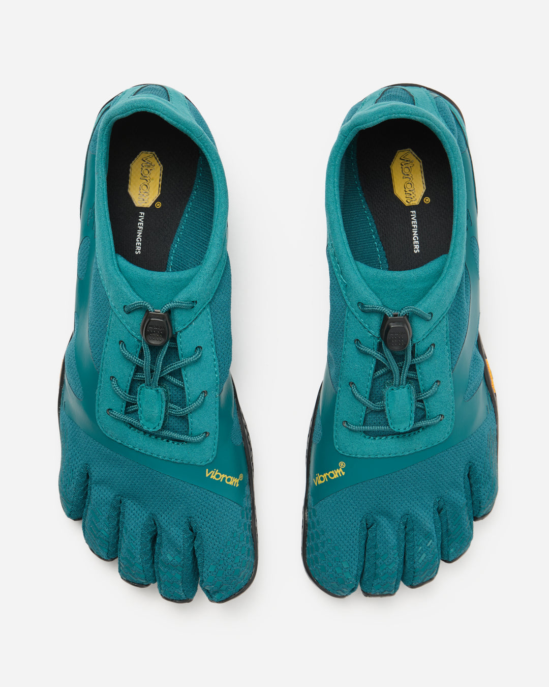A pair of teal Vibram KSO Evo (Women's) shoes with individual toe compartments and black soles, perfect for balance workouts or functional fitness, shown from above on a white background.