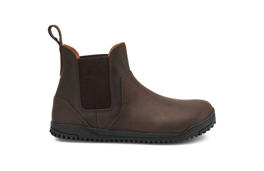 The Ridgeway Chelsea (Men's) boot features brown leather, black elastic side panels, a back pull tab, and a black rubber sole, displayed in left side profile against a white background.