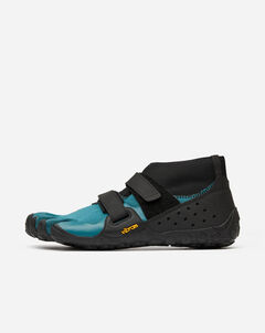 The Vibram Scramkey (Unisex) is a minimalist blue and black barefoot shoe with two black velcro straps, a flexible sole, and individual toe compartments—ideal for fans of minimalist outdoor shoes.