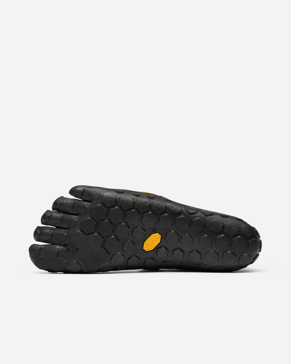 The image shows the sole of the Vibram Scramkey (Unisex) barefoot shoe, featuring a black color, individual toe sections, and a textured hexagonal tread pattern that matches the shape of the human foot.