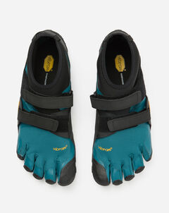 A pair of Vibram Scramkey (Unisex) outdoor shoes in teal and black, featuring individual toe pockets and two black Velcro straps on each, displayed side by side on a white background.