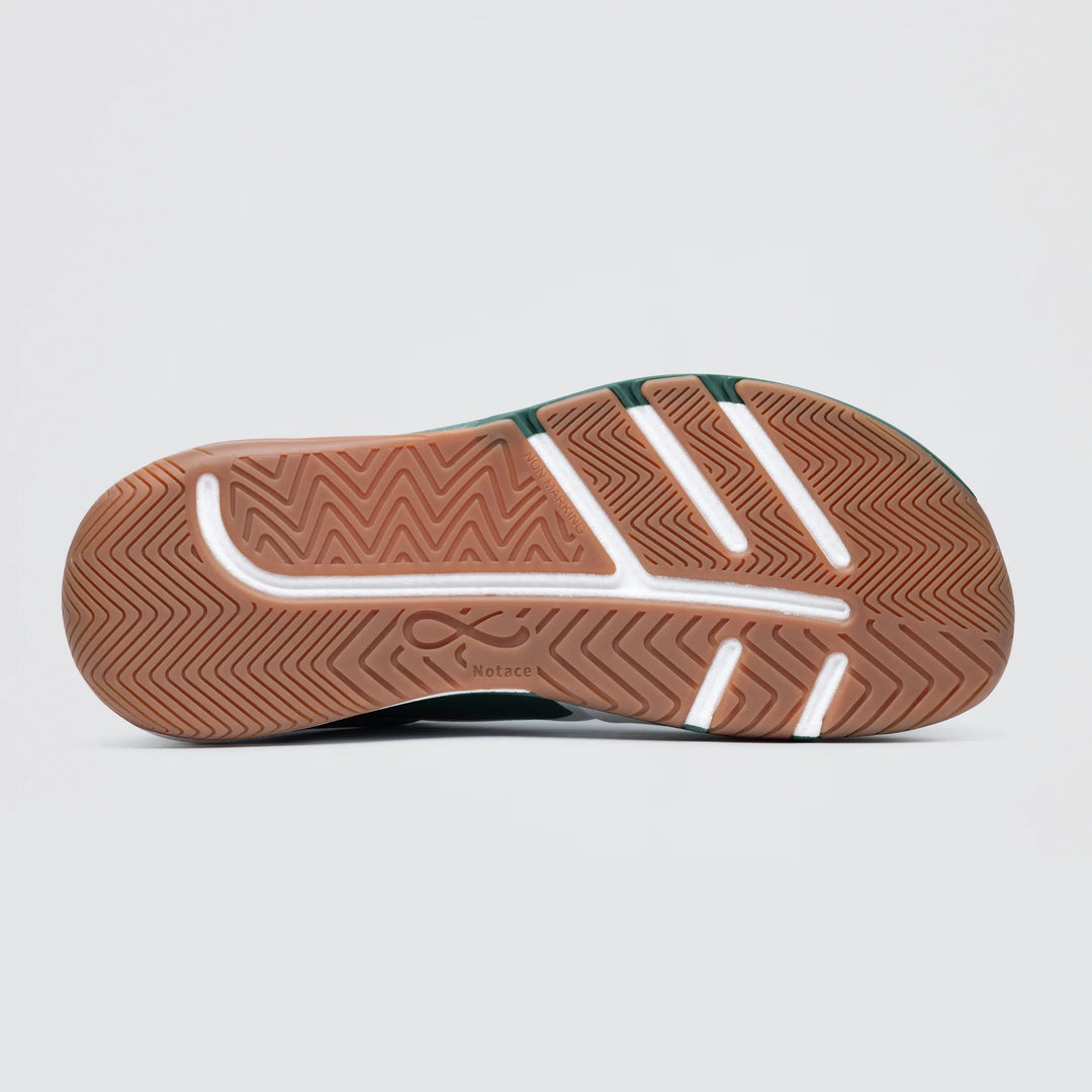 The image shows the sole of Notace's KOTO 1 (Men's) gym shoe with a light brown rubber bottom, herringbone tread, white accents, and a small logo near the center, designed for multidirectional control and support.