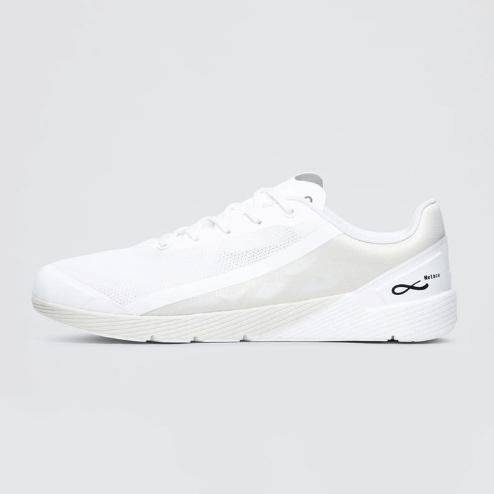 The Notace Michi 1 (Men’s) is a white athletic sneaker with a mesh upper, white laces, a subtle black logo by the heel, and an eTPU midsole for added comfort, shown on a plain light gray background.