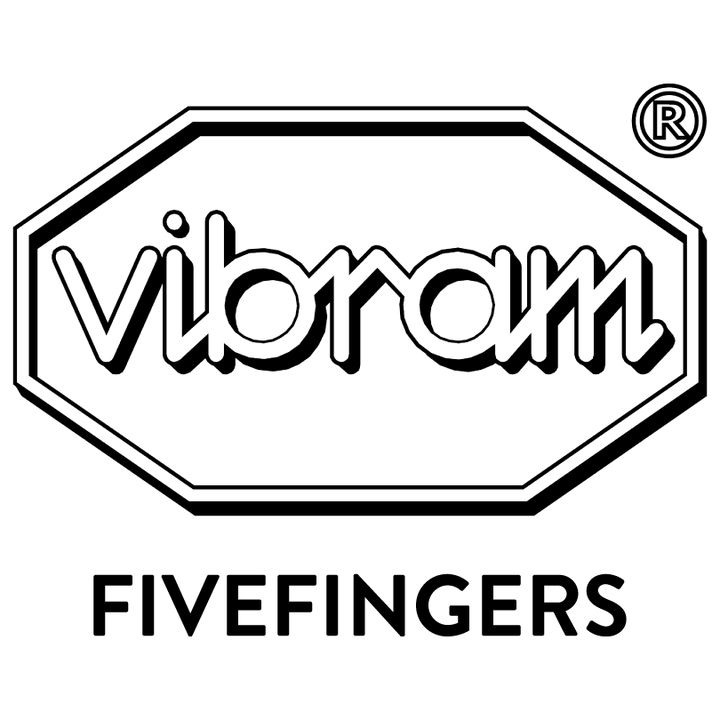 Black and white logo with the word vibram in a stylized font inside an octagonal border, and FIVEFINGERS in bold letters below. A registered trademark symbol appears at the top right corner.