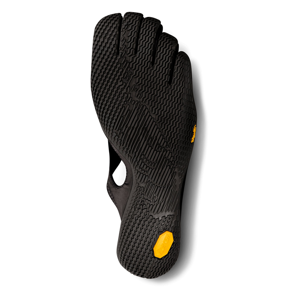 The V-Soul (Women’s) by Vibram features a black sole contoured to fit each individual toe, enhanced with a textured grip and distinctive yellow Vibram branding on the big toe and heel—making them an excellent choice as Pilates shoes or functional fitness shoes for superior stability and control during your workouts.