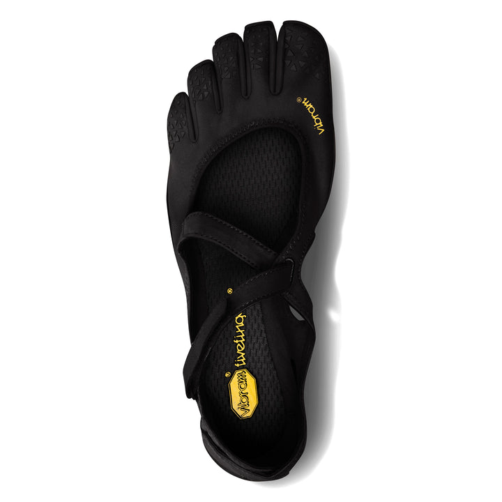 A black Vibram V-Soul (Women’s) minimalist shoe featuring individual toe pockets and a strap across the top, designed by Vibram as an ideal choice for functional fitness, is shown from above on a white background.