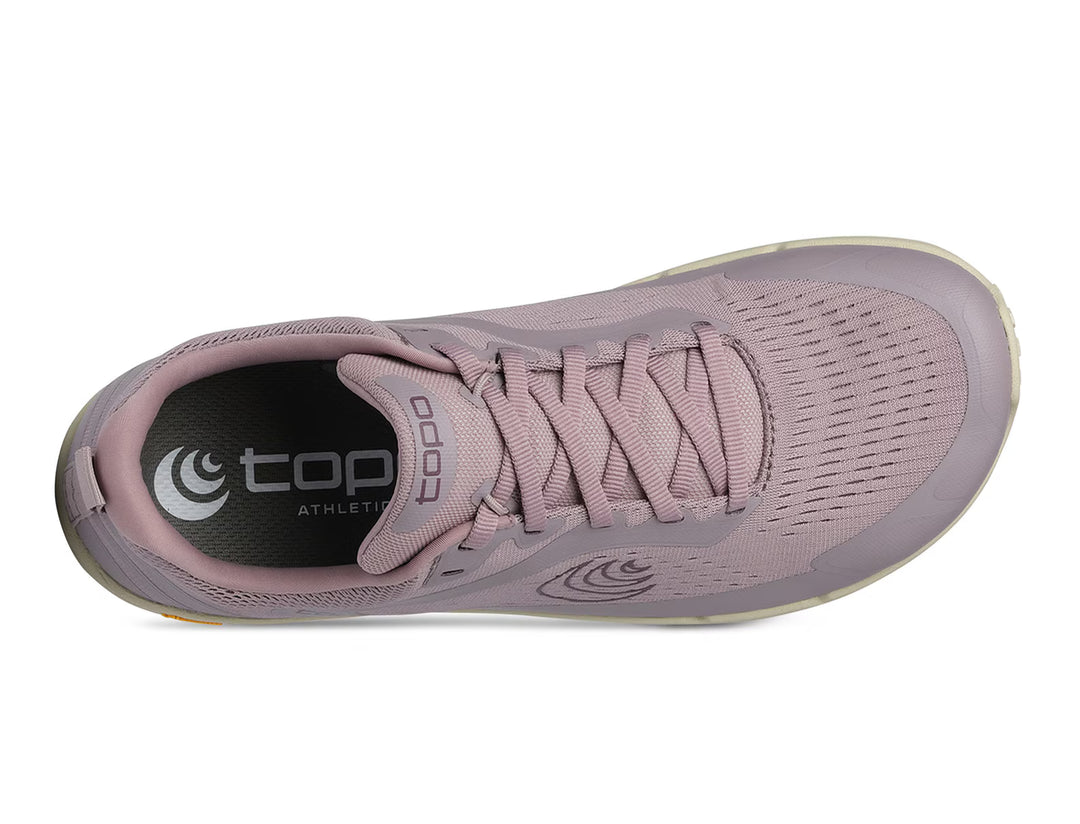 Top view of the TOPO Connect (Women’s) athletic sneaker in mauve, featuring laces, breathable mesh fabric, and visible TOPO branding on the tongue and insole. This minimalist shoe is designed with a Vibram outsole for superior traction and durability.