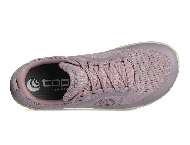 Top view of the TOPO Connect (Women’s) athletic sneaker in mauve, featuring laces, breathable mesh fabric, and visible TOPO branding on the tongue and insole. This minimalist shoe is designed with a Vibram outsole for superior traction and durability.