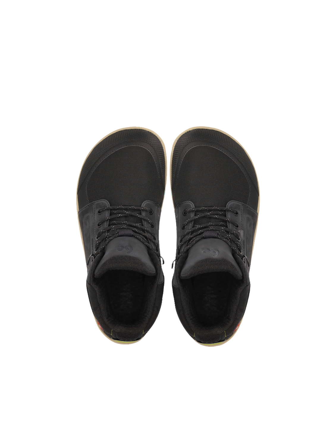 A pair of BeLenka ArcticEdge (Unisex) black high-top sneakers, shown from above with black laces and dark ThermoGrip Neo soles, are placed side by side on a plain white background.