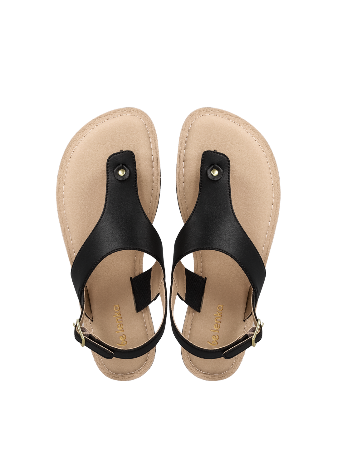 A pair of BeLenka Promenade 2.0 women's beige minimalist sandals featuring elegant black leather straps and gold buckles, viewed from above on a white background.